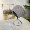Grey squirrel velvet slouchy beanie featuring hollow diamond knit and pearl accents - Gray