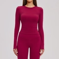 Women's wine red long sleeve yoga set with high waist compression sports leggings - Raspberry Red