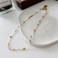 Elegant beaded necklace with pink tube beads, purple stones, and gold accents - Pink Tube Purple Green Faceted Beads Necklace (XL0209)