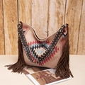 Detail of bohemian hobo bag featuring colorful geometric patterns and long brown fringes - Khaki