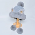 Winter grey knitted cat ear hat with faux fur pom-poms and warm fleece lining - Gray