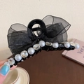 Black claw clip with mesh bow, pearls and rhinestones decoration for hair styling - 42# Claw Clip