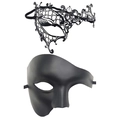 Set di due maschere in maschera nere con pizzo strass e finitura opaca stile fantasma - Set (Nero Solido Traforato + Nero Opaco Mezza Faccia)