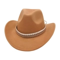 Detail of a brown wool felt cowboy hat featuring star and rivet decorative bands - One Size / Camel