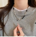 Double-layer necklace with black beads, silver chain, and dragon pendant with black gemstone - Dragon Shape Black Chain Wrap (52#)