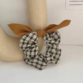 Brown ballet style hair scrunchie with beige gingham bow and soft fabric texture - Black Plaid Bow