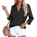 Elegant women's black satin long sleeve shirt with V-neckline and front pocket detail - S / Black