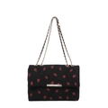 Black corduroy shoulder bag with strawberry embroidery and gold chain strap - Black