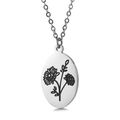 Silver stainless steel oval necklace with delicate black flower engraving on a pendant - November Chrysanthemum (KN227544-Z)