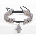 Detail of grey agate beaded bracelet with Hamsa Hand and Evil Eye charm on white stand - Grey Agate Double-Layer Beaded Style (Style-6)