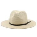 Detalle de sombrero de paja tejido con fina banda de cuero negro y hebilla de bronce - M (56-58cm) / Beige
