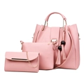Three-piece pink PU leather handbag set with beaded tassel and gold hardware - Pink