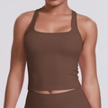 Front view of brown racerback sports bra with square neck and moisture-wicking fabric - S / Chestnut Brown