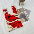 Knitted tote bag with red and beige wavy stripes and Love You text patterns - LOVE YOU