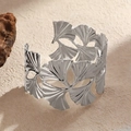 Silver open bangle bracelet featuring hollow gingko leaf design on sand stone - Silver Ginkgo Leaf