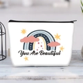 Detail of white canvas makeup bag with rainbow print and You Are Beautiful text - You Are Beautiful Rainbow(jiayingljb33)