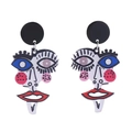 Detail of artistic acrylic earrings featuring abstract Picasso-style colorful face patterns - Stud No. 3