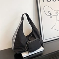 Bolso hobo de nailon negro con correa de rayas blancas y monedero pequeño extraíble - 47*15*24cm / Negro