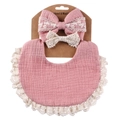 Pink muslin cotton baby bib and matching lace headband set on white background - Pink