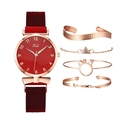 Women's quartz watch set with red magnetic mesh band and four rose gold bracelets - Watch Jewelry Set / Red
