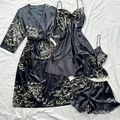 Sexy 4-teiliges Satin-Schlafanzug-Set für Damen mit Blumenmuster und V-Ausschnitt Robe - 3XL / Schwarzes Kirsch-4-Teiler-Set