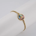 Gold stainless steel bracelet with a round initial A charm on a white display stand - Abalone Shell / Letter A / Colorful
