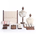 Walnut wood jewelry display set featuring white floral neck bust and earring stands - Walnut Display Set 2