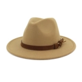 Unisex khaki wide brim felt Fedora hat with dark brown belt and gold buckle detail - Dark Khaki