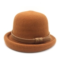 Caramel knit cloche sun hat with vintage leather belt detail and curled brim - M(56-58cm) / Caramel color