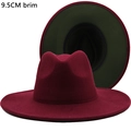Tweekleurige wollen fedora hoed met 9,5cm rand in bordeauxrood en donkergroen vilt - M (56-58cm) / Wijnrood Binnenkant Legergroen