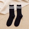 Women's autumn black mid-calf socks with white stripes in a cozy knitted cotton blend - One Size / Black