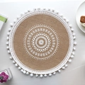 Round jute placemat with white mandala pattern and lace pom-poms for boho dining decor - Type L White Pom-poms