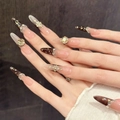 Luxury long almond press-on nails with pink-brown gradient, crystals and gold foil accents - Large (L) / Slim Stiletto Gradient Pink Brown (1791)