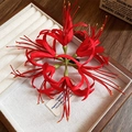 Détail d'une pince à cheveux fleur de lys rouge faite main en soie dans un écrin en bois vintage - Pince à bec de canard - Seule / Rouge