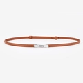 Slim brown genuine leather belt for women featuring a minimalist silver metal buckle - Silver Snap Button / Camel