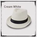 Classic cream white linen jazz fedora hat with black grosgrain ribbon for sun protection - M (56-58cm) / Cream