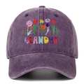 Purple washed denim baseball cap with floral embroidery and GRANDMA text decoration - Adjustable / Purple