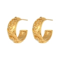Detail of 18K gold plated C-shaped hoop earrings with embossed sun moon and star motifs - Vintage Sun Moon Star Hoop-Gold