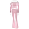 Set rosa con top a spalle scoperte e pantaloni a zampa con dettagli a pieghe - S / Rosa