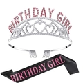 Set d'anniversaire fille avec couronne argentée et écharpe noire à paillettes roses - Taille unique / Combinaison de Fête Mode (Set 2)