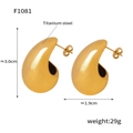 Detail view of large teardrop earrings in 18K gold-plated titanium steel with size specs - F1081-Glossy Gold Large Water Drop Earrings