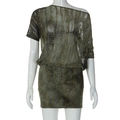 Short sleeve olive green tie-dye bodycon mini dress with abstract textured pattern - S / Green