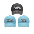 Berretti da baseball neri e celeste per famiglia con ricamo PAPA MAMA MINI - Set Nero e Blu