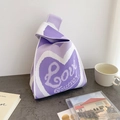Lavender and white knitted knot bag with heart and Love pattern for daily commute - Purple-Hearts