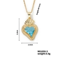 Golden stainless steel necklace with vibrant blue heart pendant shown in macro detail - Gold Blue Rhinestone (N01050-3)