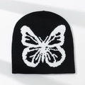 Bonnet en maille noire pour l'hiver avec un grand motif papillon blanc en jacquard - Style 2(Grand Motif de Papillon)