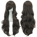 Long wavy deep brown cosplay wig with side-parted bangs made of heat-resistant fiber - Black Brown