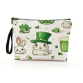 White canvas St. Patrick's Day makeup bag with festive green rabbit and clover pattern - Style 2 / 17x25cm (With Wrist Strap)