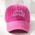 Close-up of white 'simply blessed' embroidery on washed cotton pink baseball cap - One Size / Rose Red