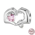 S925 sterling silver heart-shaped hands charm with pink gemstone inlay for bracelets - Heart Gesture (BSC829)